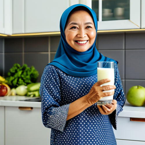 ** A Malaysian woman in her 50s, fully clothed in a modest baju kurung, smiling warmly while holding a glass of milk. The background shows a brightly lit kitchen with fresh fruits and vegetables on the counter. safe for work, appropriate content, perfect anatomy, natural proportions, family-friendly, professional photography, high quality.

**