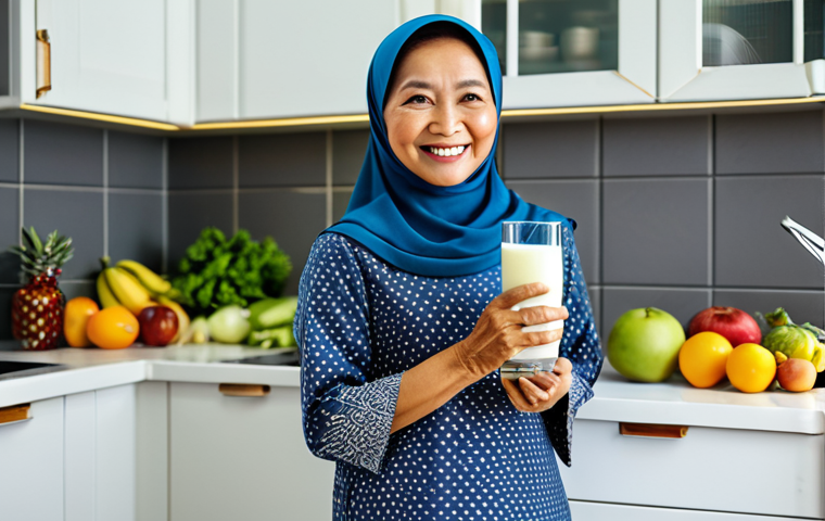 ** A Malaysian woman in her 50s, fully clothed in a modest baju kurung, smiling warmly while holding a glass of milk. The background shows a brightly lit kitchen with fresh fruits and vegetables on the counter. safe for work, appropriate content, perfect anatomy, natural proportions, family-friendly, professional photography, high quality.

**