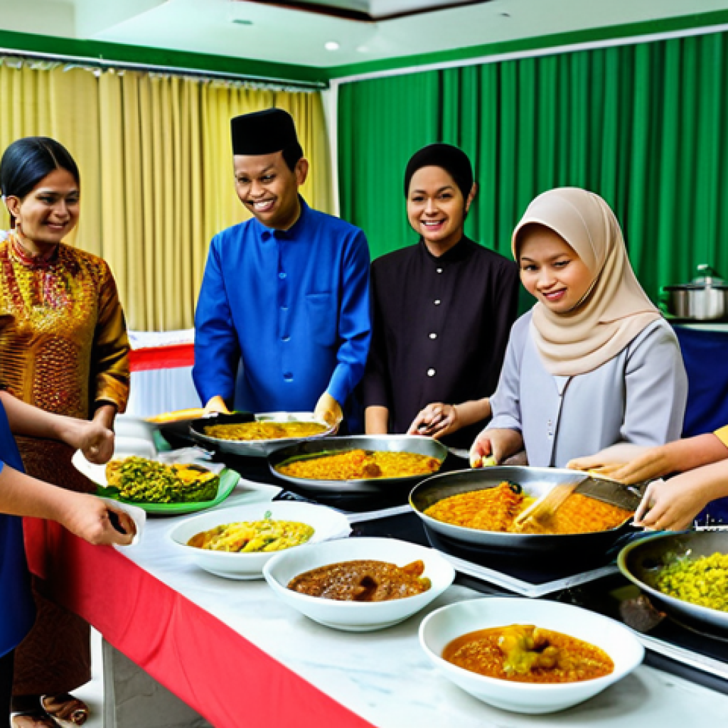 **

"A brightly lit, family-friendly scene of a Hari Raya open house. Guests are fully clothed in traditional Malay attire. Focus on clean food handling practices: someone using tongs to serve food, another washing hands at a sink.  A table displays a variety of festive dishes (rendang, ketupat, kuih) under covered containers.  A sign reminds guests to dispose of waste properly.  Safe for work, appropriate content, professional setup, well-formed hands, proper finger count, natural body proportions, modest clothing, fully clothed, professional, food safety awareness."

**