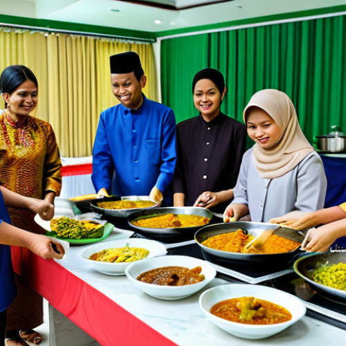 **

"A brightly lit, family-friendly scene of a Hari Raya open house. Guests are fully clothed in traditional Malay attire. Focus on clean food handling practices: someone using tongs to serve food, another washing hands at a sink.  A table displays a variety of festive dishes (rendang, ketupat, kuih) under covered containers.  A sign reminds guests to dispose of waste properly.  Safe for work, appropriate content, professional setup, well-formed hands, proper finger count, natural body proportions, modest clothing, fully clothed, professional, food safety awareness."

**