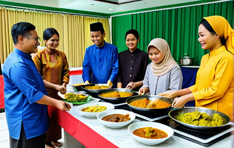 **

"A brightly lit, family-friendly scene of a Hari Raya open house. Guests are fully clothed in traditional Malay attire. Focus on clean food handling practices: someone using tongs to serve food, another washing hands at a sink.  A table displays a variety of festive dishes (rendang, ketupat, kuih) under covered containers.  A sign reminds guests to dispose of waste properly.  Safe for work, appropriate content, professional setup, well-formed hands, proper finger count, natural body proportions, modest clothing, fully clothed, professional, food safety awareness."

**